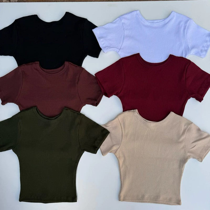 Conjunto de 3 tops cortos de manga corta de canalé